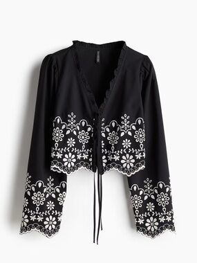 H&M Black Cropped Tie-Front Blouse with White Floral Embroidery
